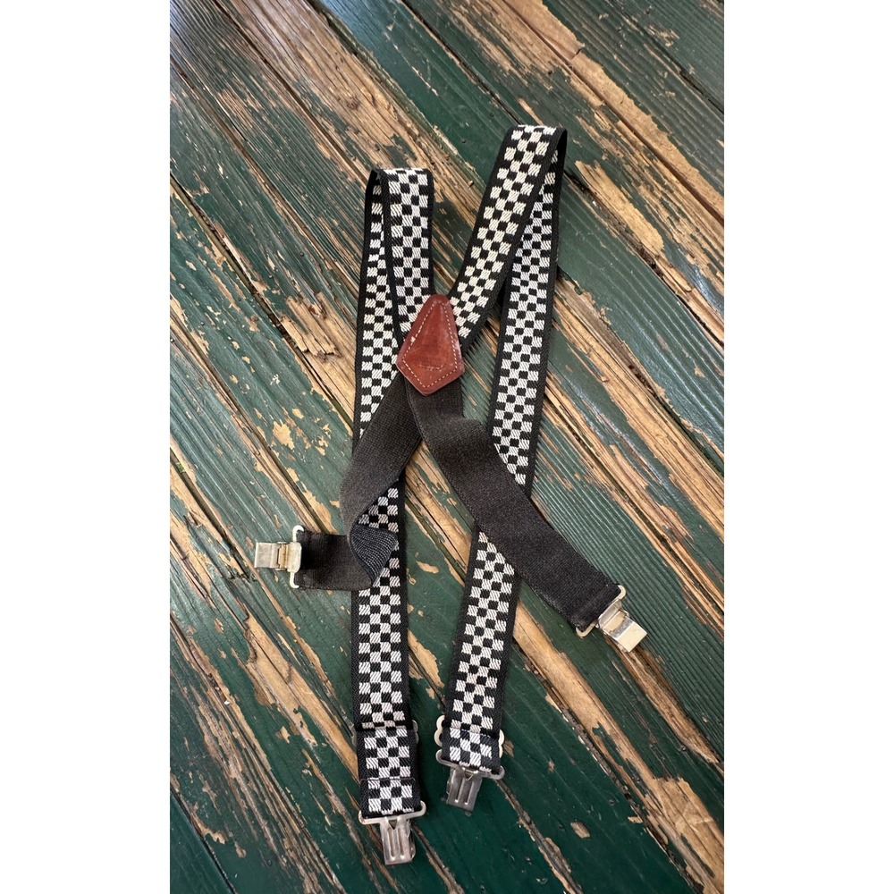 Rooster Products Vintage Checkered Suspenders Black White Y-Back Leather Clip-On